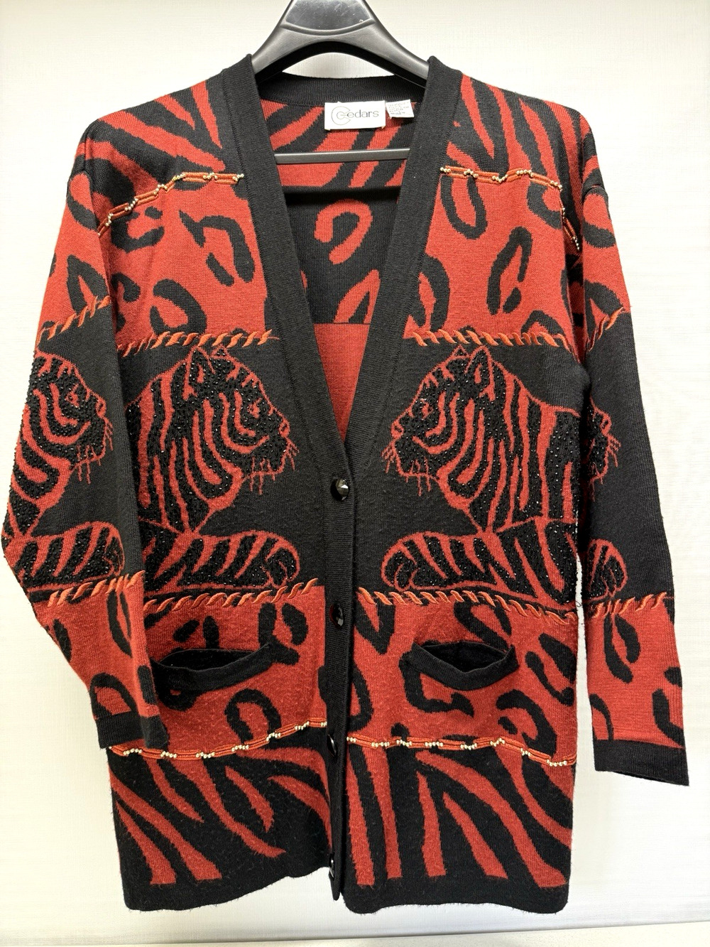 Vintage CEDARS Womens Large Wool Blend Sequins Tiger Design Cardigan Sweater